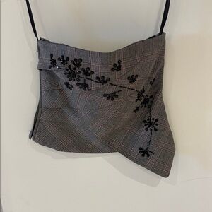 White House Black Market Gray strapless top with Black Floral beaded details